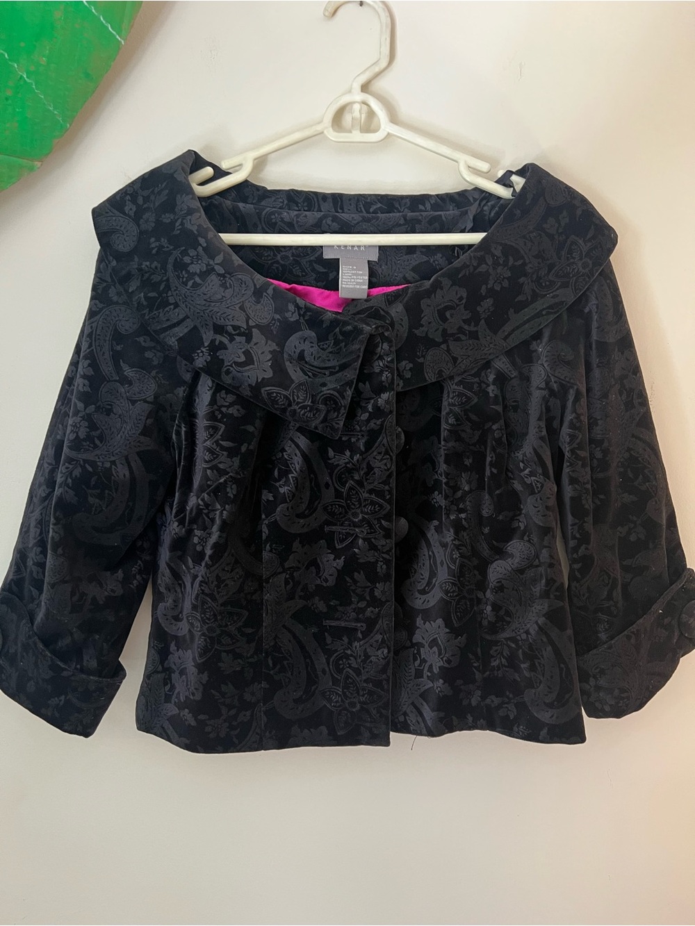 Kenar Black Velvet Paisley Cropped Blazer